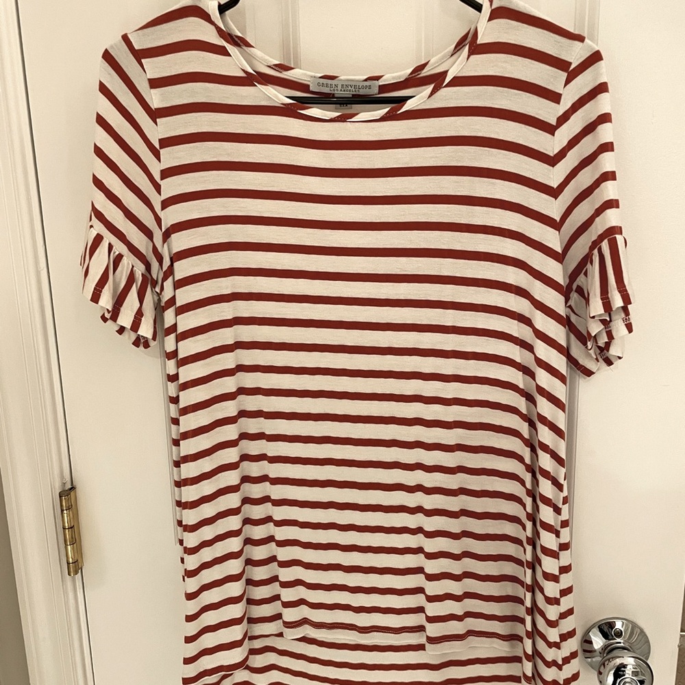 Off white and rust colored stripe blouse